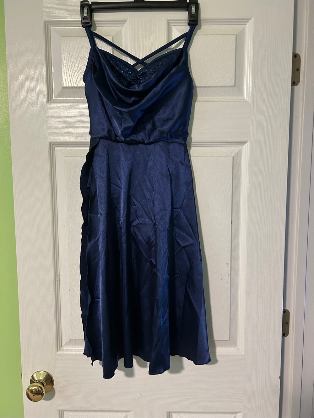 Weissman Navy Satin Cowl Neck Dress
